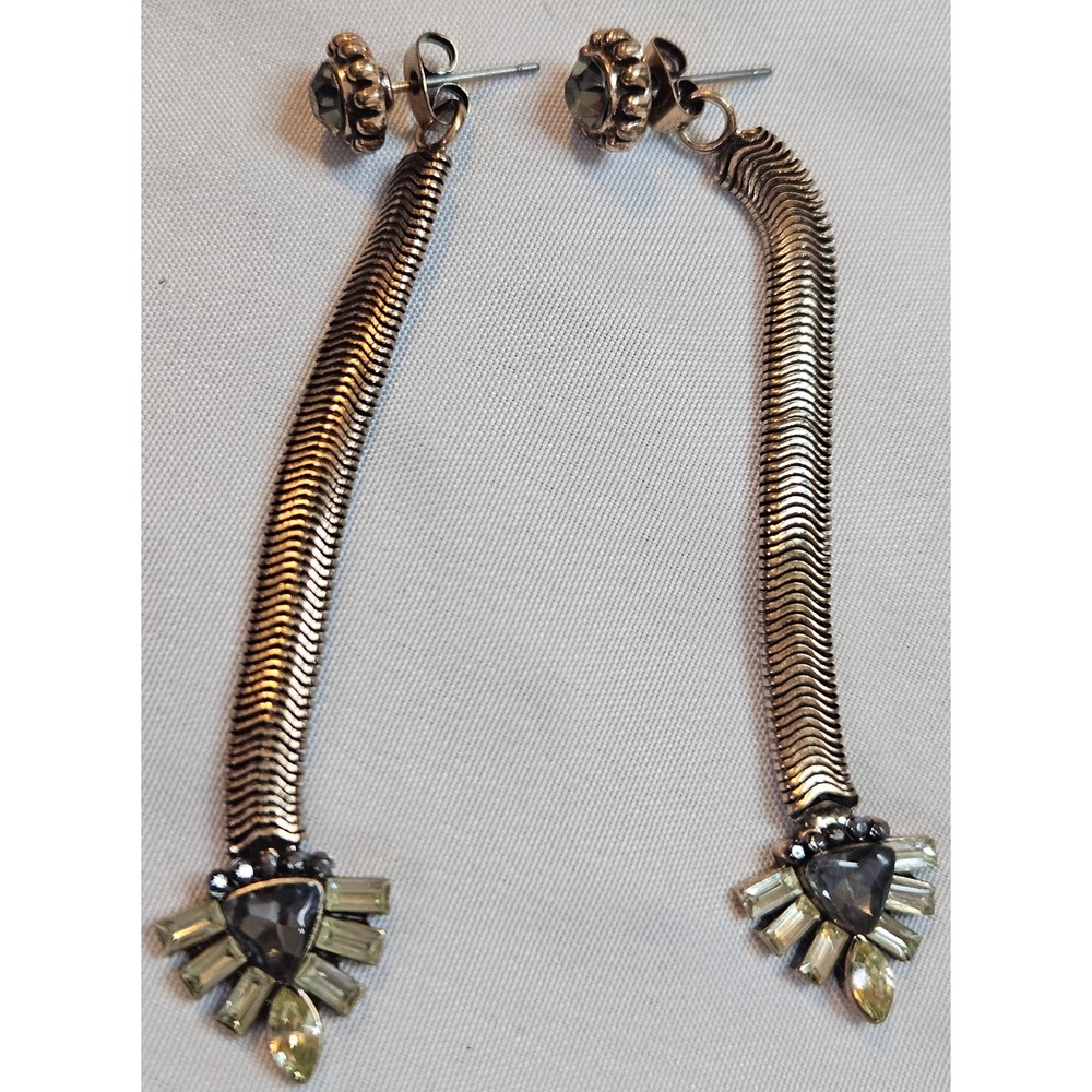 Antique Gold Tone Snake Chain Fan Crystal Drop Statement Earrings Smoky Yellow